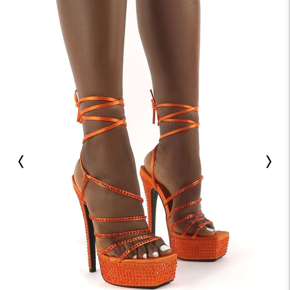 ORANGE PLATFORM SQUARE TOE HIGH HEELS - Picture 3 of 6